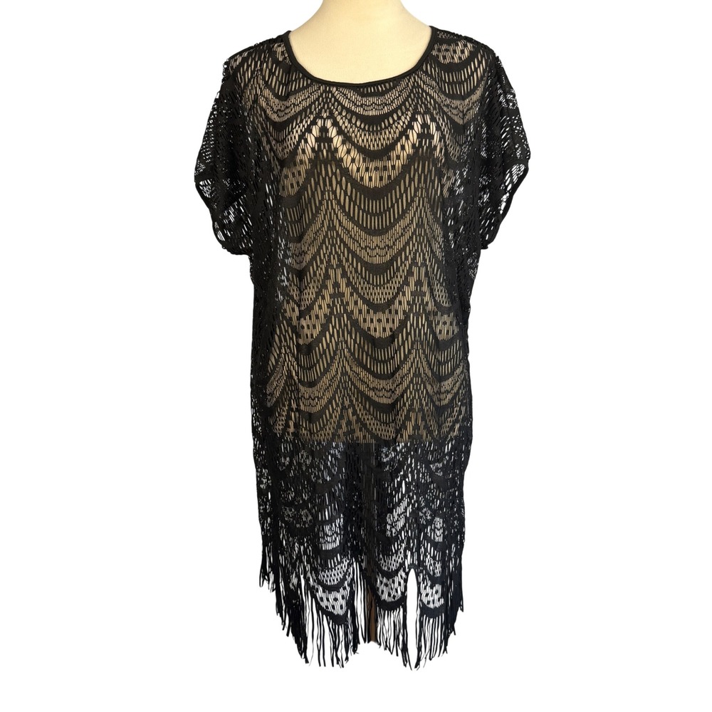 Curve Black Lace Swim Cover Up Fringe Hem 2XL Scalloped Wave Sheer Vacation